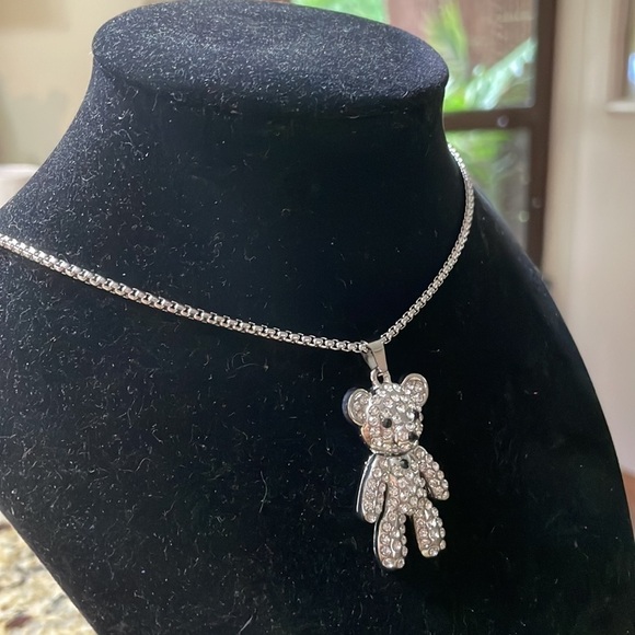 Betsy Johnson Bear Rhinestone Silver Necklace - Picture 13 of 16